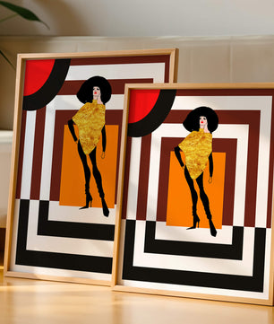 Ilustración de moda con figura en dorado y fondo geométrico