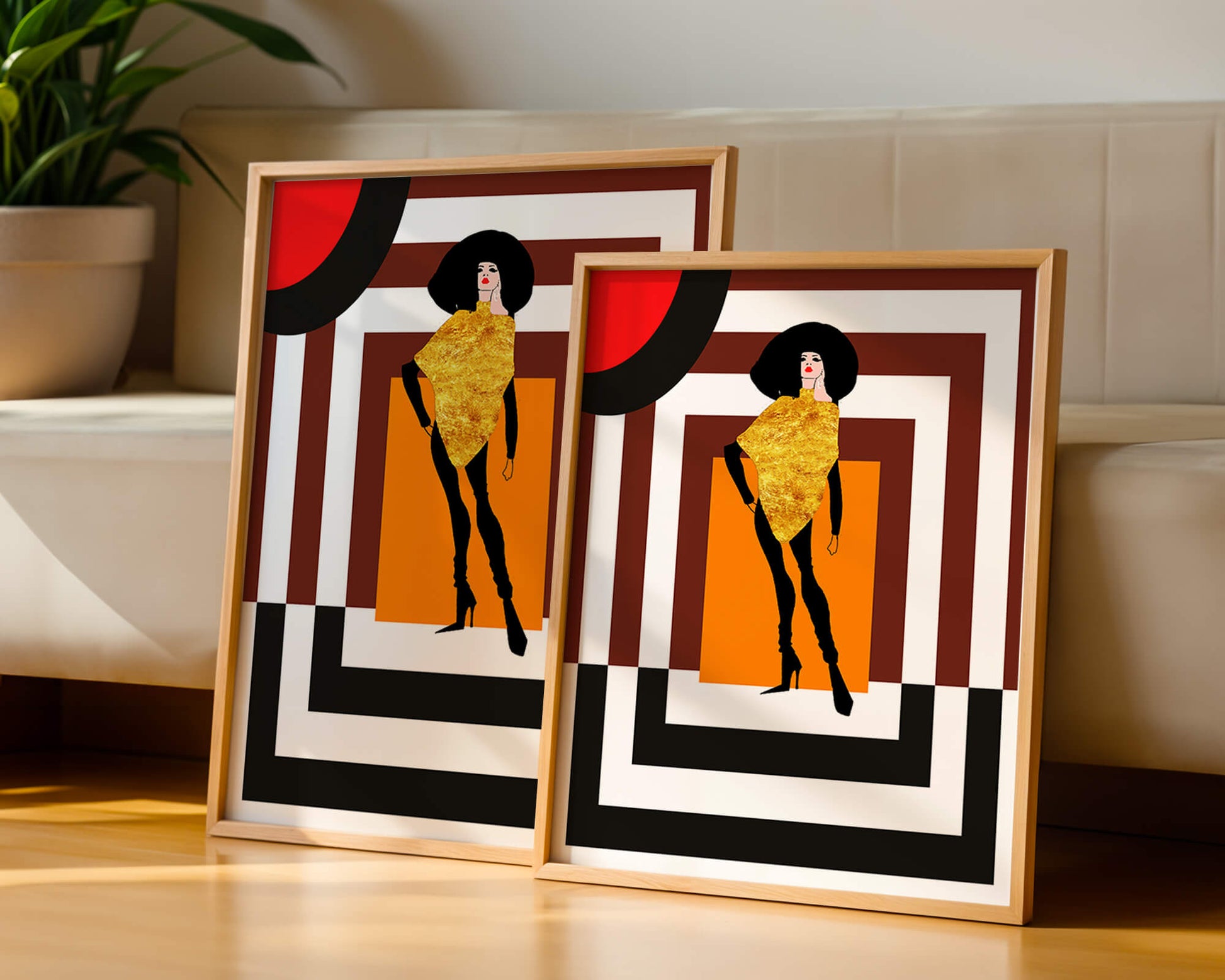 Fashion Illustration with Figure in Gold and Geometric Background