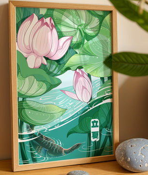 Illustration nature sereine avec fleurs de lotus et vie aquatique