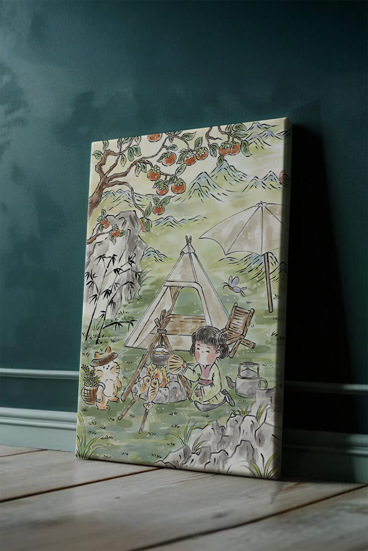 Escena encantadora de camping con un niño y un gato bajo un árbol de caqui