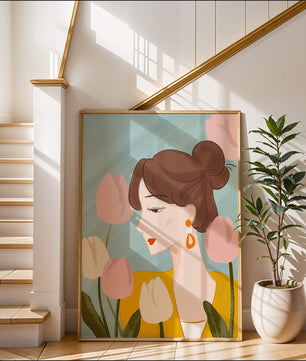 Illustration d'une femme avec des tulipes et des boucles d'oreilles élégantes