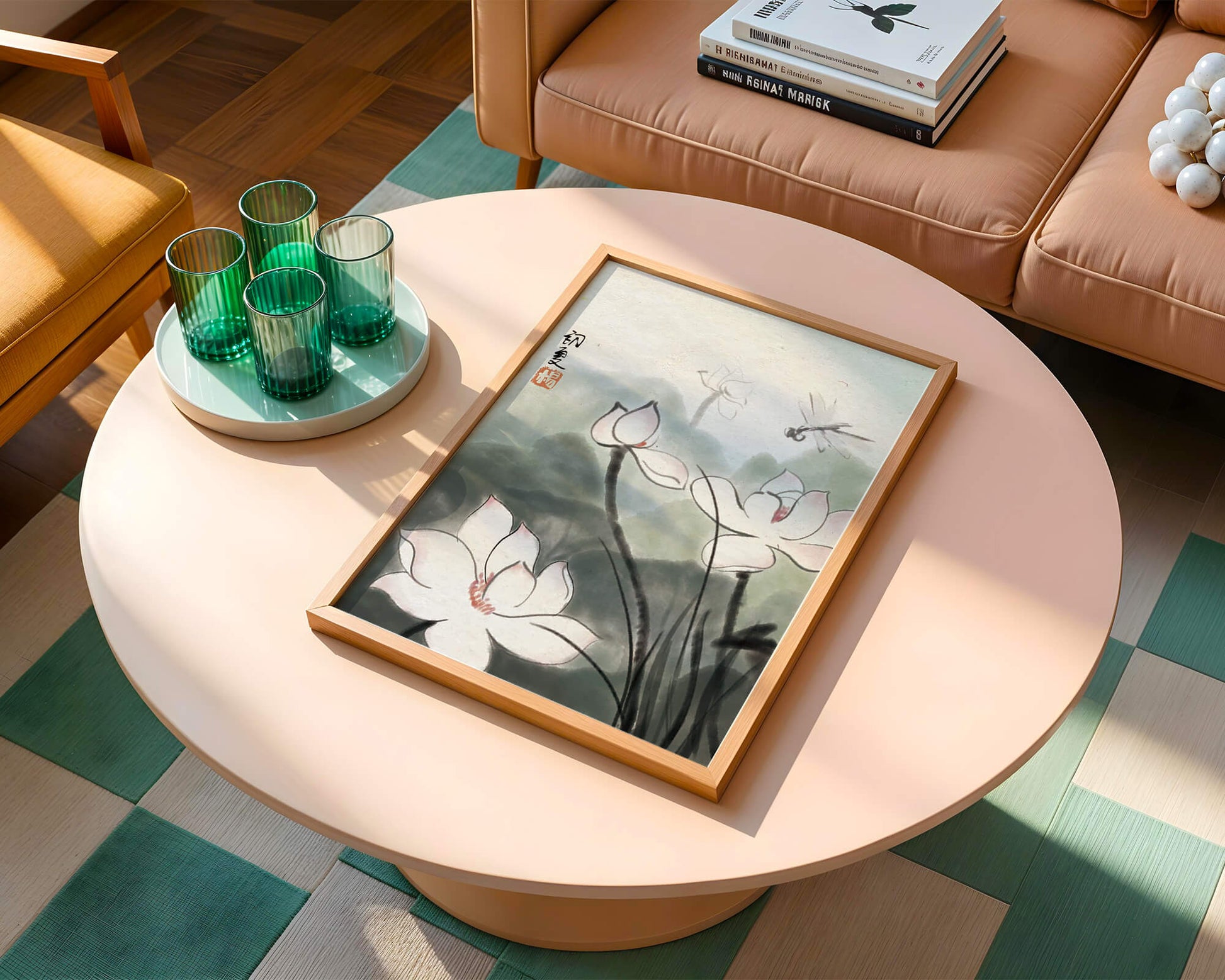 Delicate watercolor of lotus flowers with dragonfly in serene atmosphere