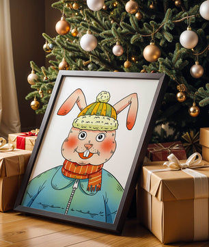 Charmantes Cartoon-Häschen mit Winteroutfit und verspieltem Ausdruck