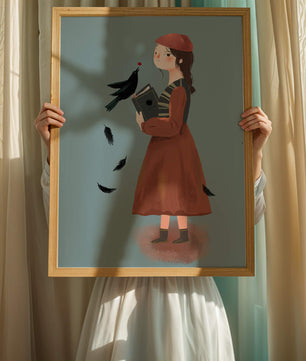 chica en atuendo vintage con pájaro y libro sobre fondo azul