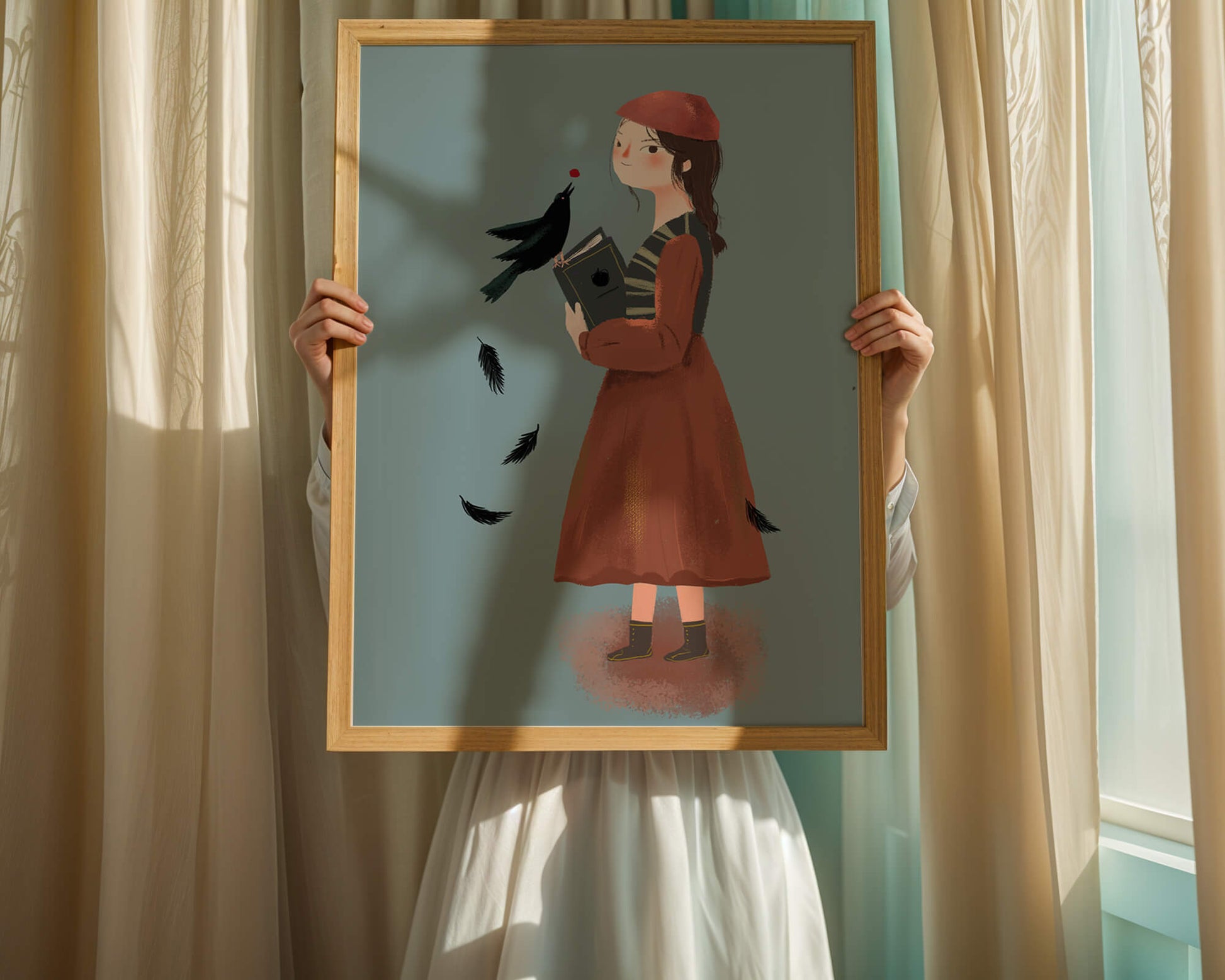 girl in vintage attire with bird and book on blue background