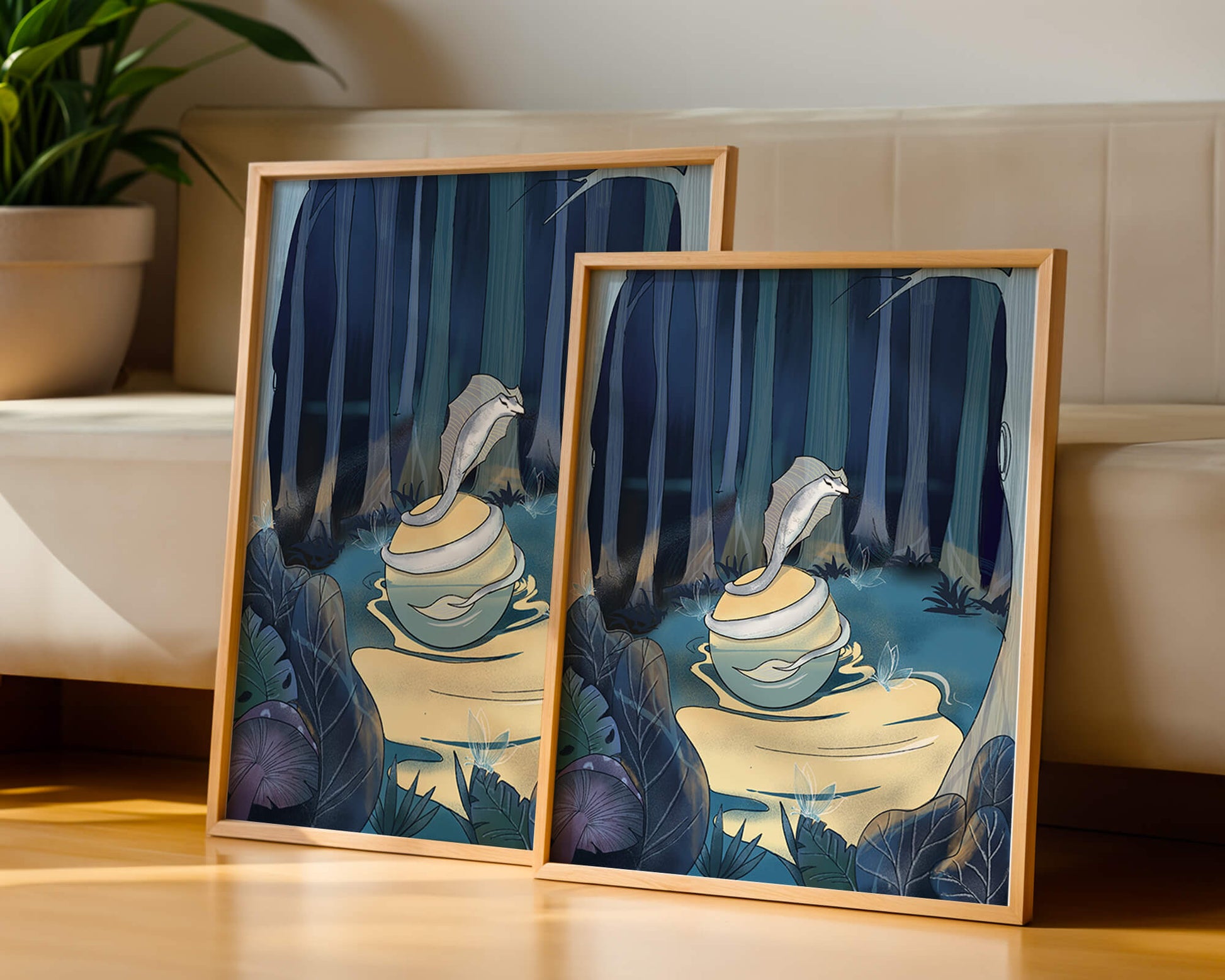 A serene fantasy forest scene with mystical elements at night