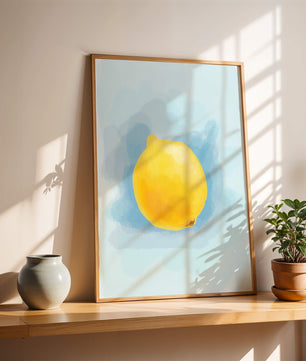 Obra de arte en acuarela de un limón sobre un fondo azul
