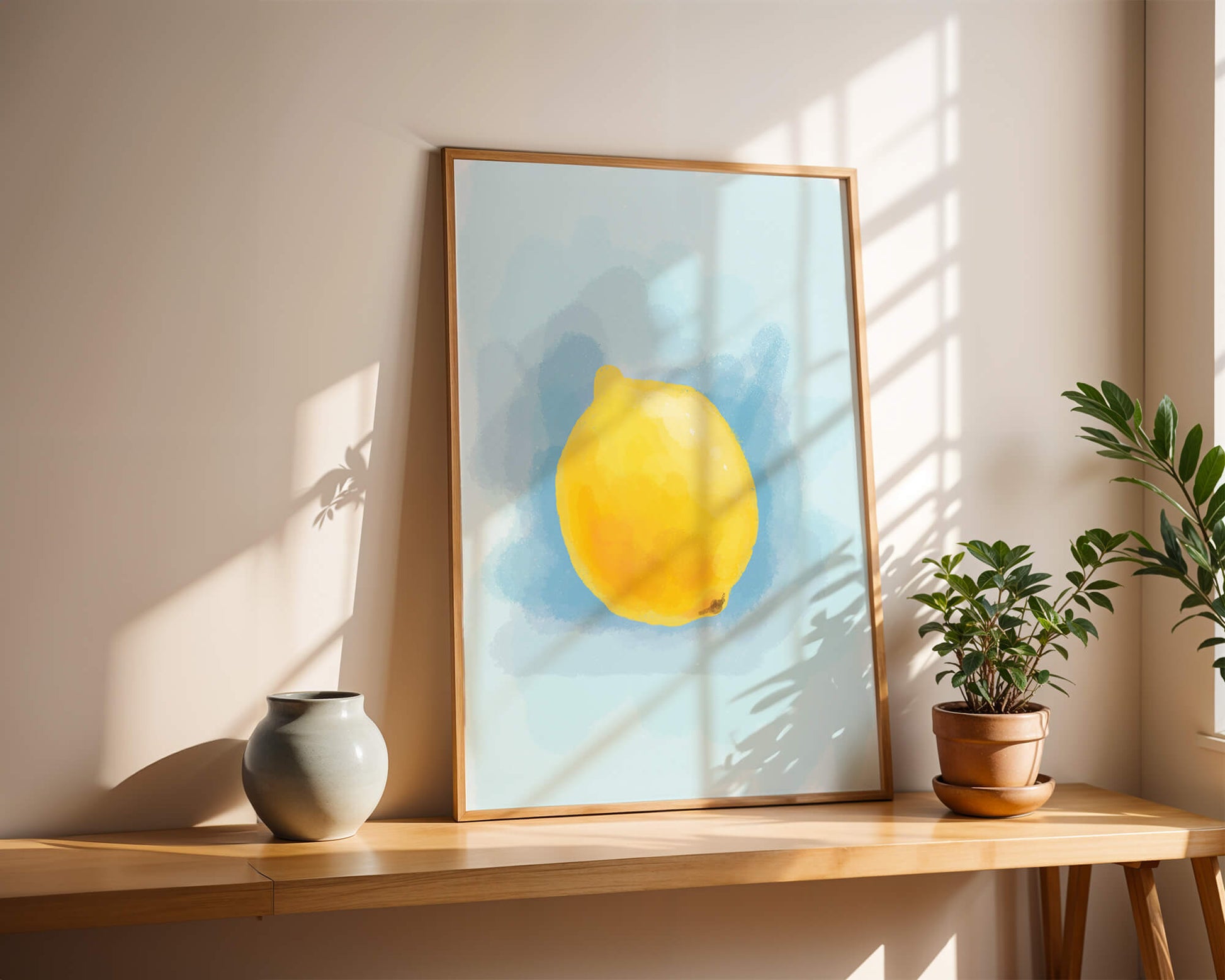 Watercolor artwork of a lemon on a blue background