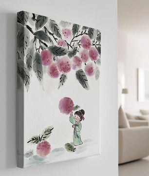 Ilustración encantadora de un niño con ropa tradicional, bayas vibrantes y hojas exuberantes