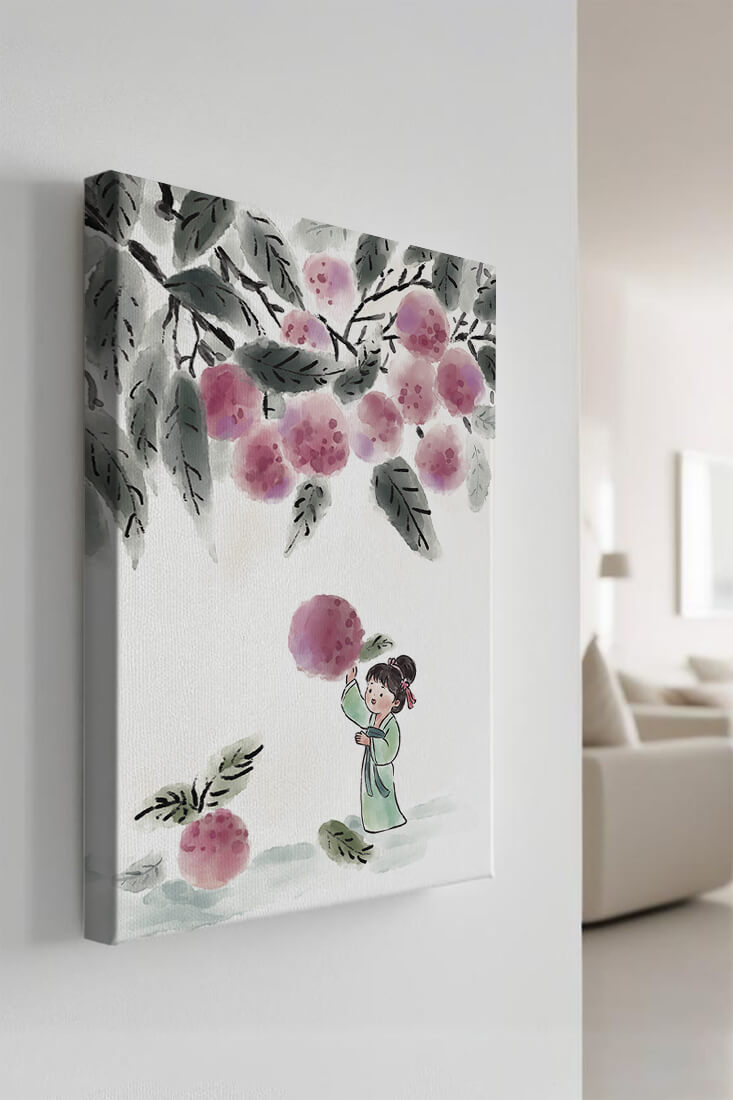 Ilustración encantadora de un niño con ropa tradicional, bayas vibrantes y hojas exuberantes