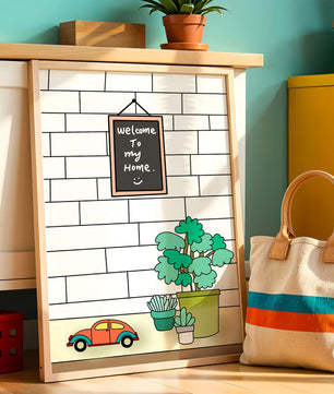 Kreidetafel-Schild mit Topfpflanzen und Spielzeugauto auf Ziegelmauer-Hintergrund