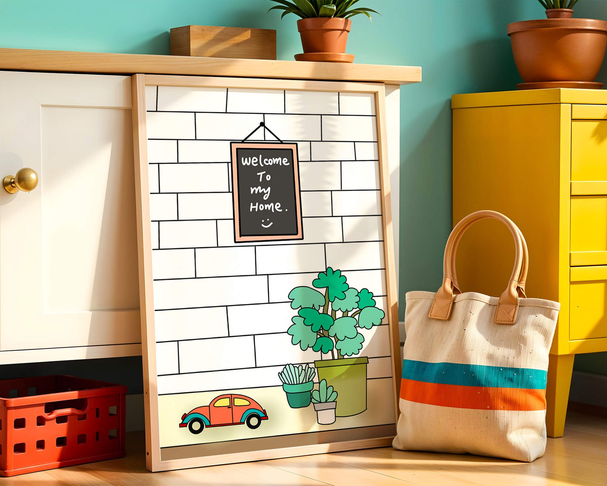 Kreidetafel-Schild mit Topfpflanzen und Spielzeugauto auf Ziegelmauer-Hintergrund