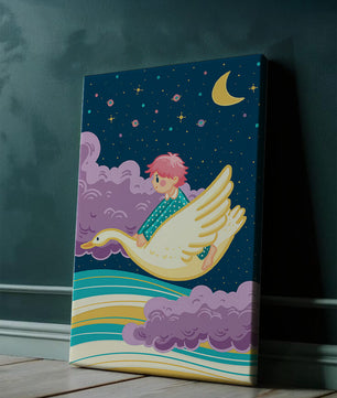 Child flying on a goose through a magical night sky illustration