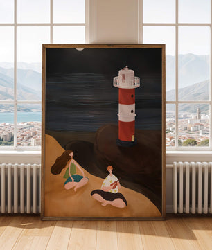 Peaceful Beach Scene with Lighthouse at Night