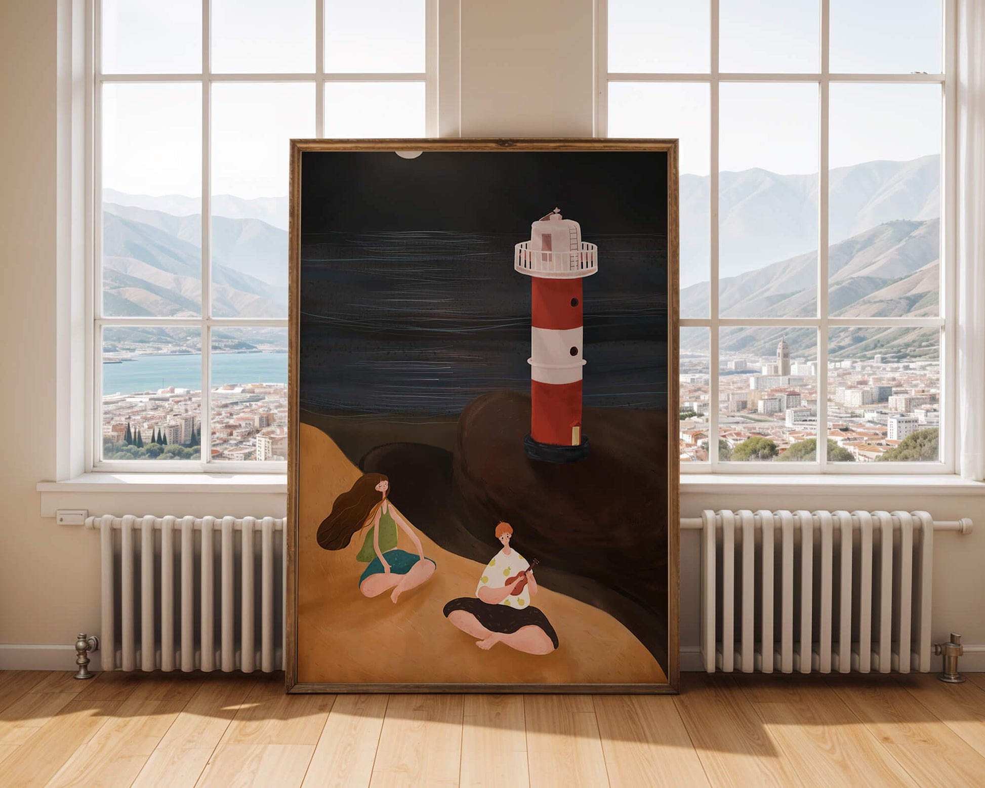 Escena de playa tranquila con faro por la noche