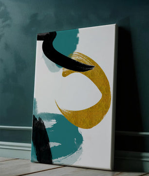 Composición minimalista abstracta con elementos dorados y turquesa