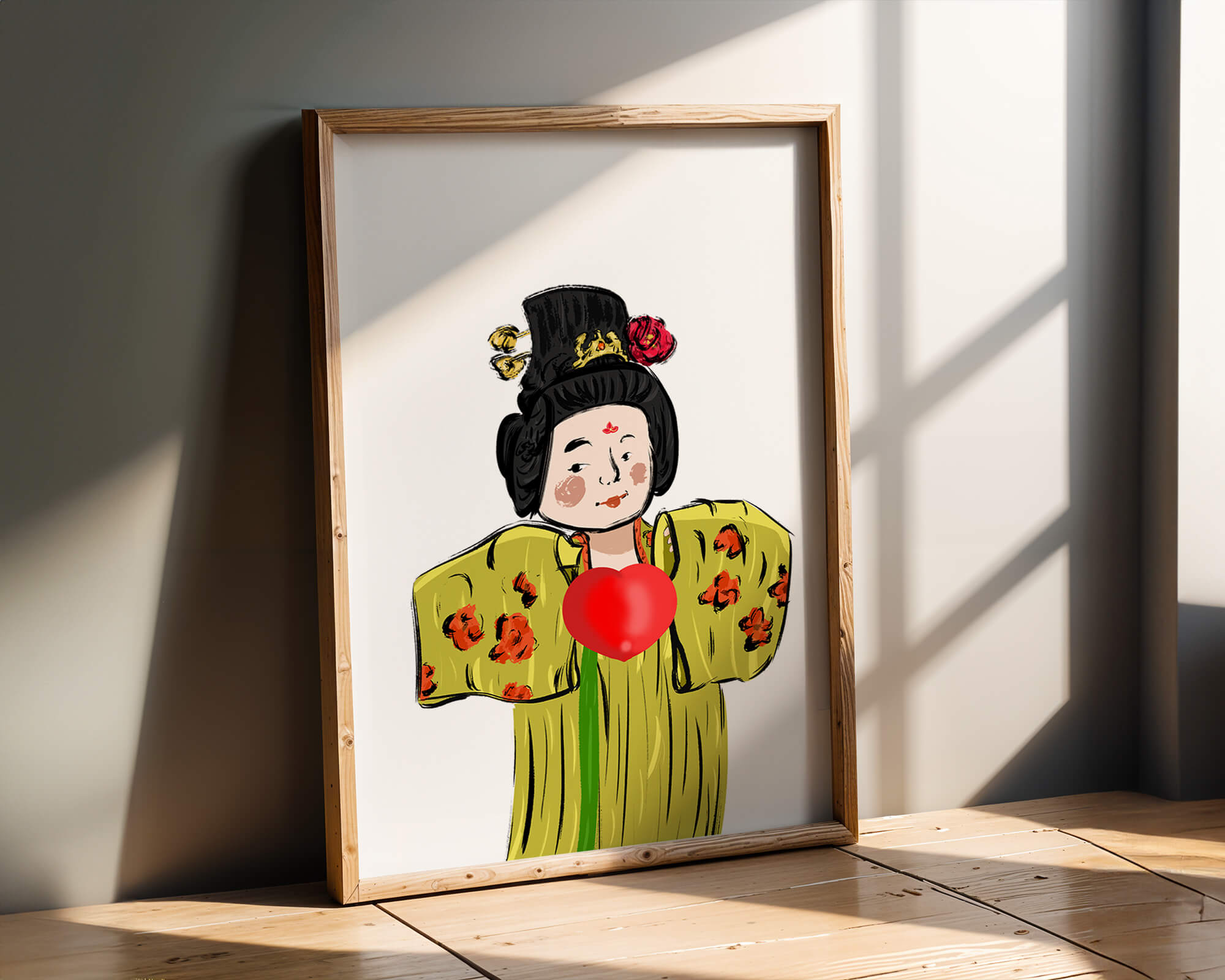 Illustration of a traditional figure in vibrant attire with a heart symbol