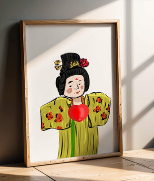 Ilustración de una figura tradicional con atuendo vibrante y un símbolo de corazón