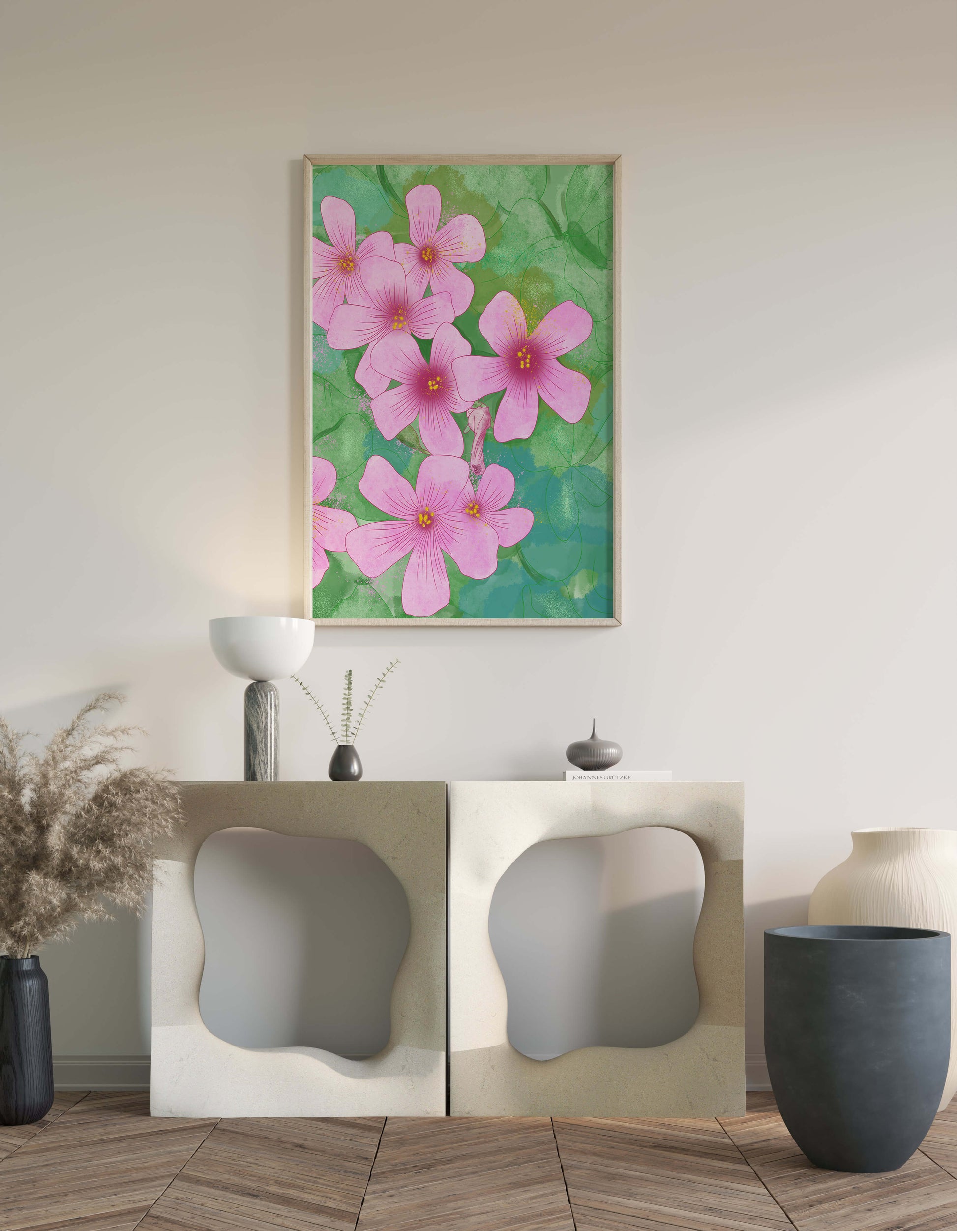 Zarte rosa Blüten auf einem leuchtend grünen Hintergrund Illustration