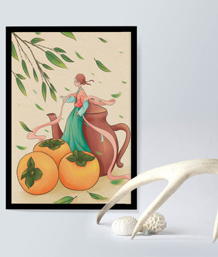Whimsical scene with a woman in traditional attire among persimmons and leaves