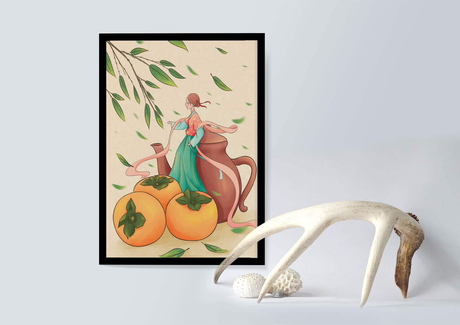 Whimsical scene with a woman in traditional attire among persimmons and leaves