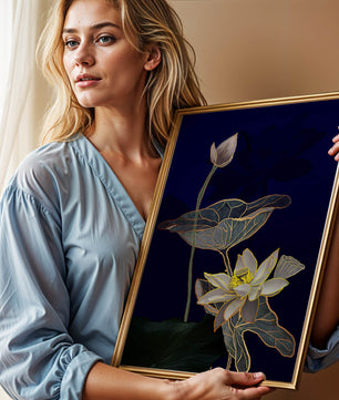 Elegant Lotus Flower with Gold Accents on Deep Blue Background