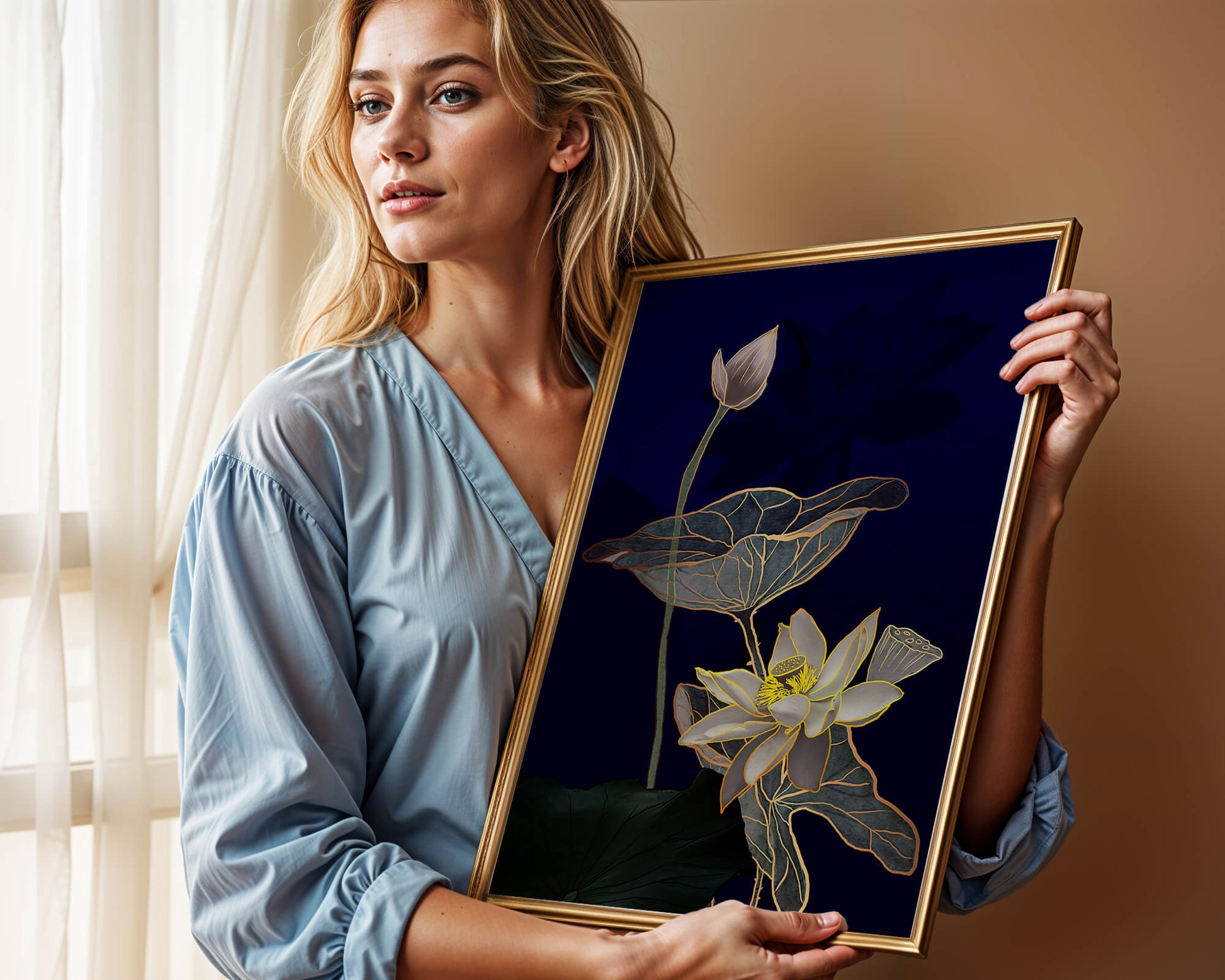 Elegant Lotus Flower with Gold Accents on Deep Blue Background