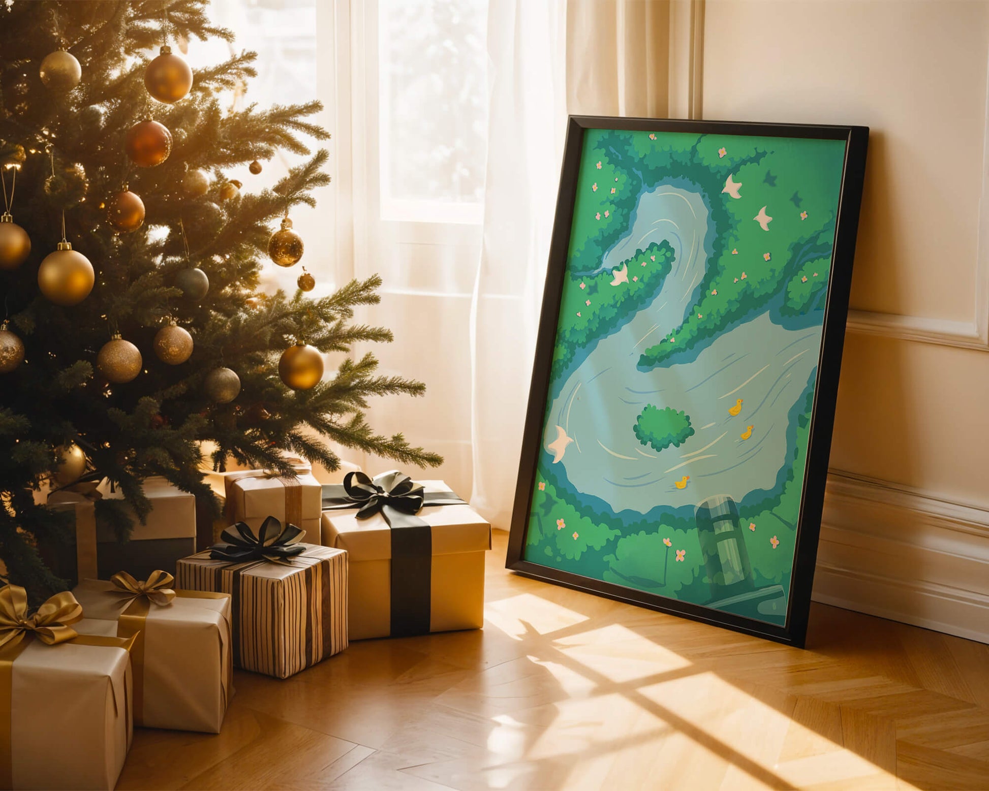 Río sereno con patos y aves en un paisaje exuberante