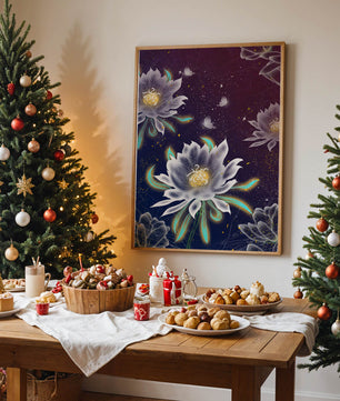 Lotus Flowers and Butterflies in a Starry Night Sky with Gold Accents - Mi tienda