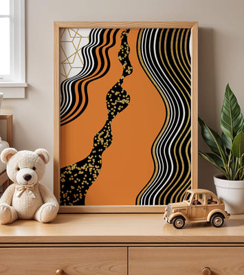 Artistic abstract design with wavy black lines and golden accents