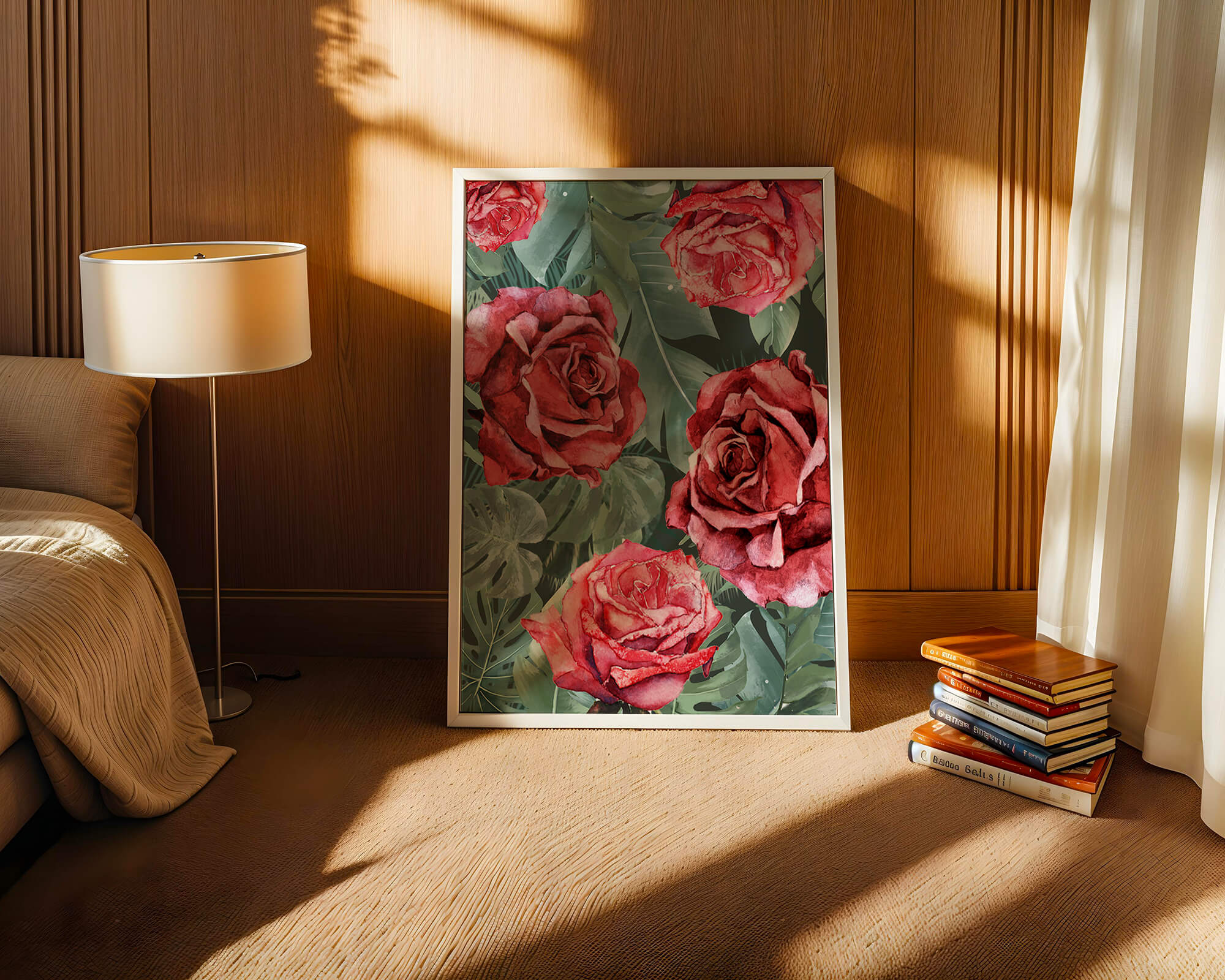 Red roses and green foliage pattern in watercolor style