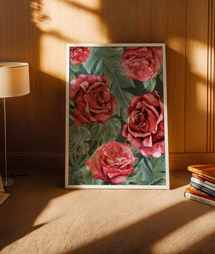 Red roses and green foliage pattern in watercolor style