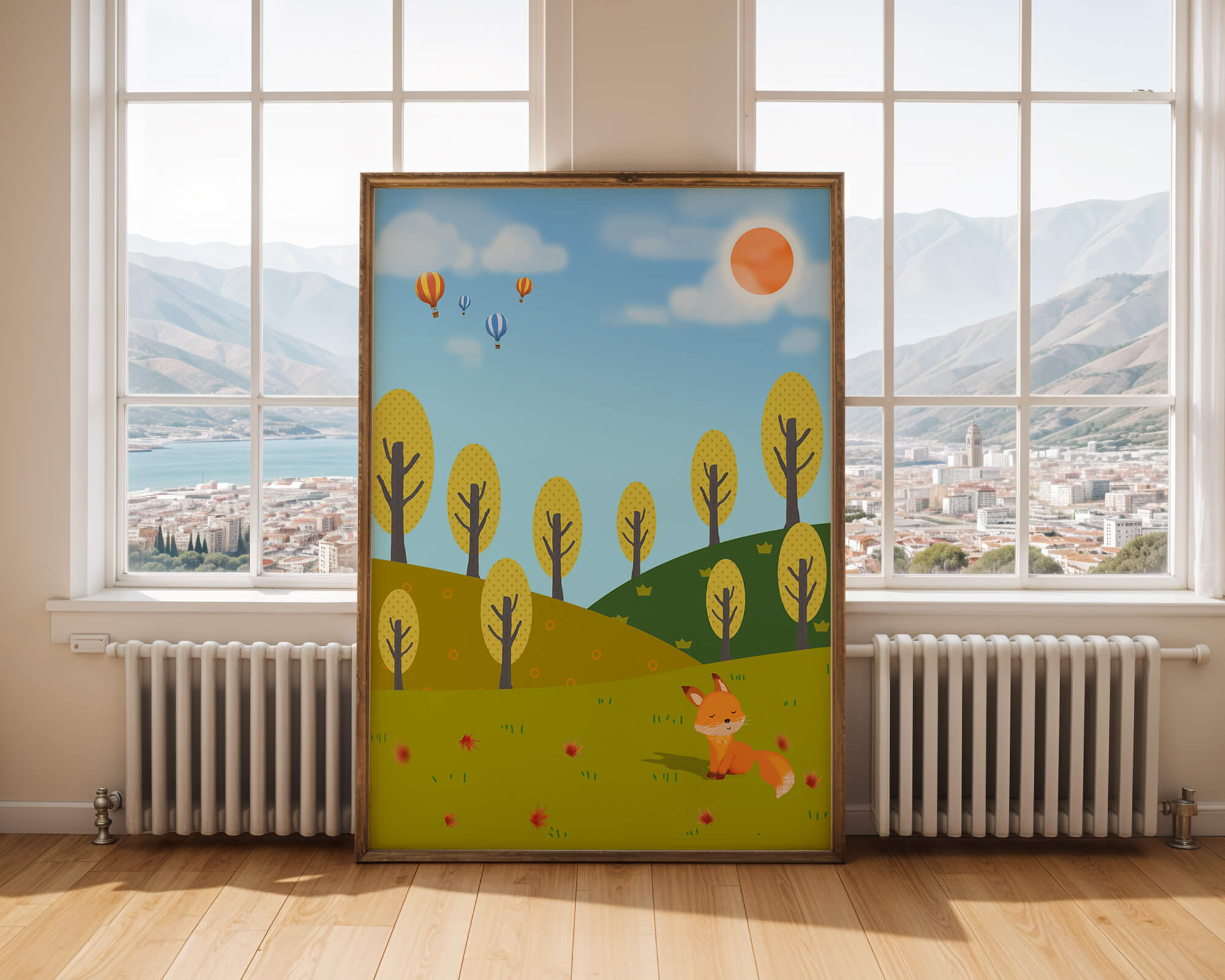 Whimsical landscape with hot air balloons and a fox in autumn scenery