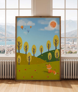 Whimsical landscape with hot air balloons and a fox in autumn scenery