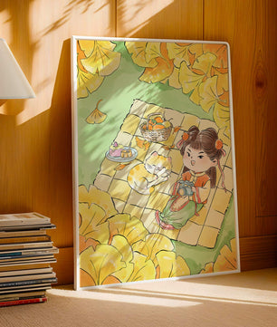 Charming autumn picnic scene with girl and cat surrounded by ginkgo leaves
