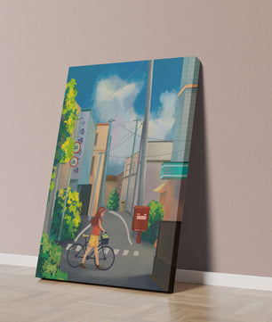 Young woman with bicycle in a quiet urban street