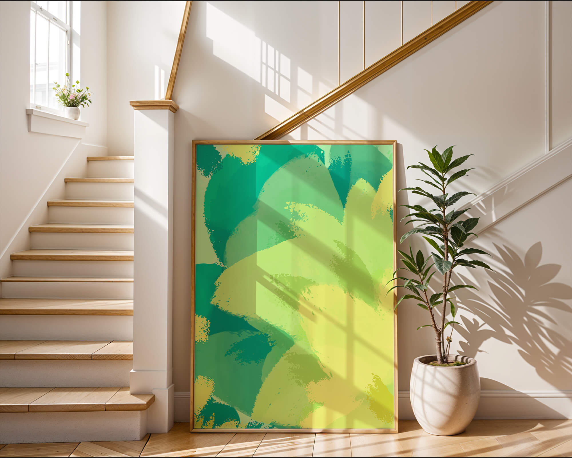 Abstract green and yellow brushstroke painting