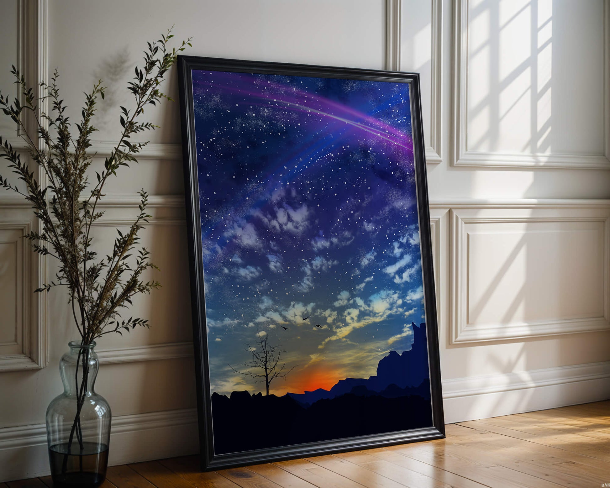 Impresionante cielo nocturno con constelaciones y colorido atardecer.