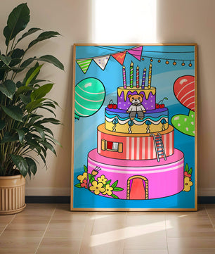 Colorful birthday cake with teddy bear and festive decorations