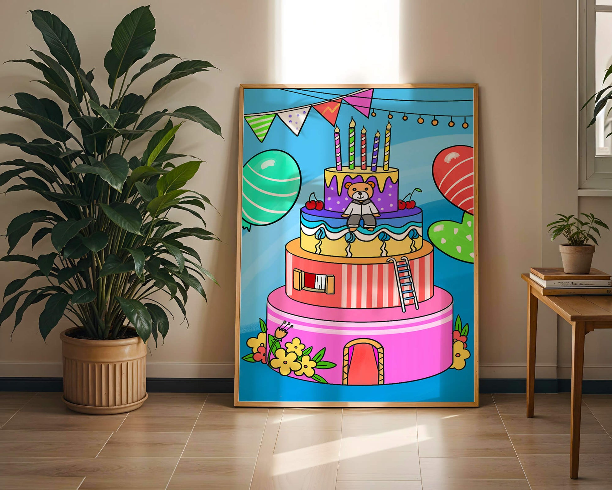 Colorful birthday cake with teddy bear and festive decorations