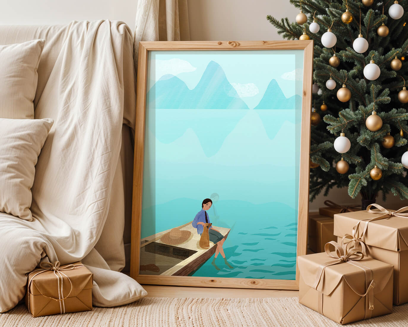 Serene scene with woman and dog on a boat by tranquil waters