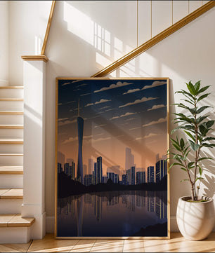 Skyline der Stadt bei Sonnenuntergang mit futuristischem Touch und Wasserspiegelung