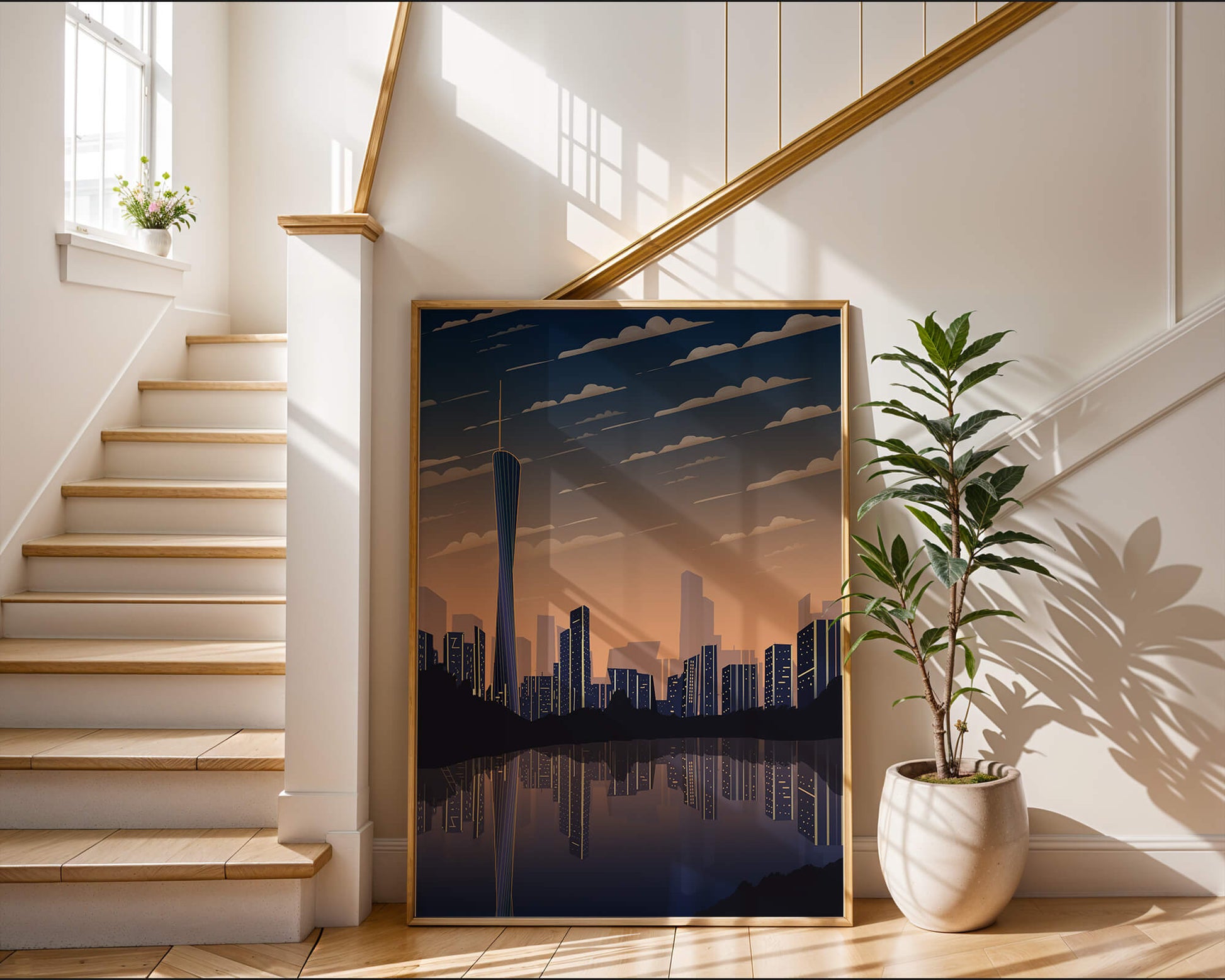 Skyline der Stadt bei Sonnenuntergang mit futuristischem Touch und Wasserspiegelung