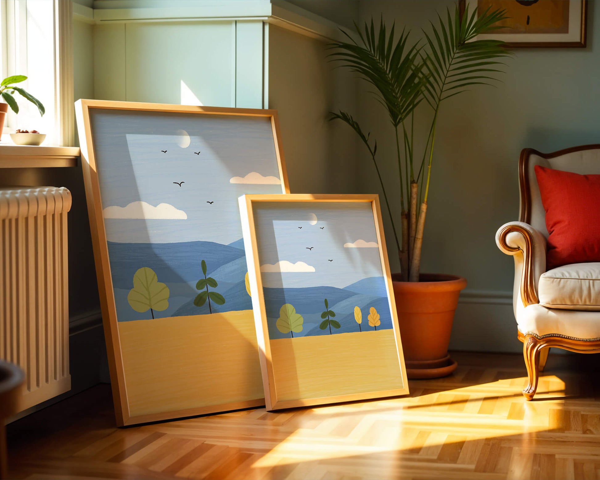 Paisaje colorido con árboles y aves en un campo sereno