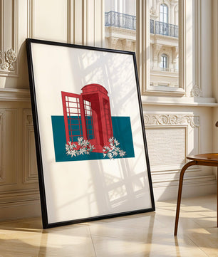 A Pink Phone Booth Surrounded by Flowers on a Teal Background