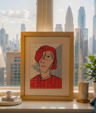 Abstract portrait with red hair and dotted background