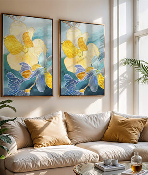 Arte floral abstracto con detalles dorados y tonos azules