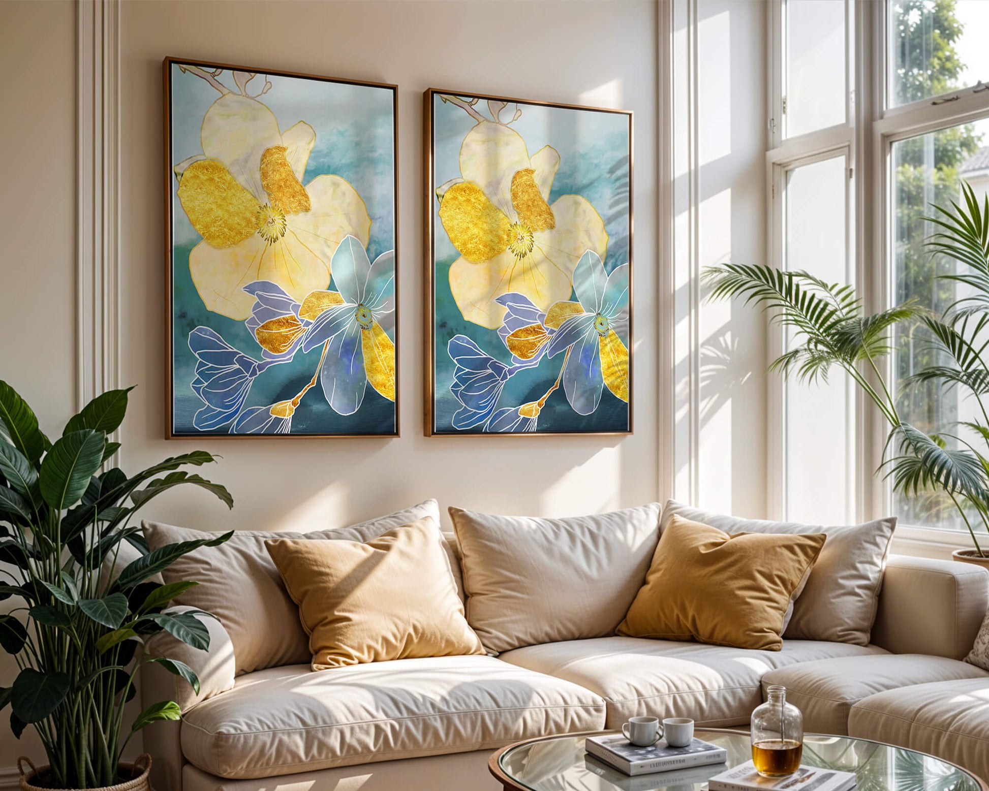 Arte floral abstracto con detalles dorados y tonos azules