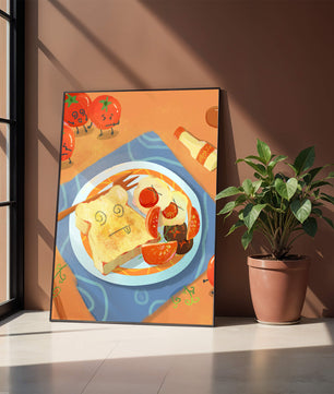 Whimsical Breakfast with Animated Tomatoes and Toast on a Bright Plate