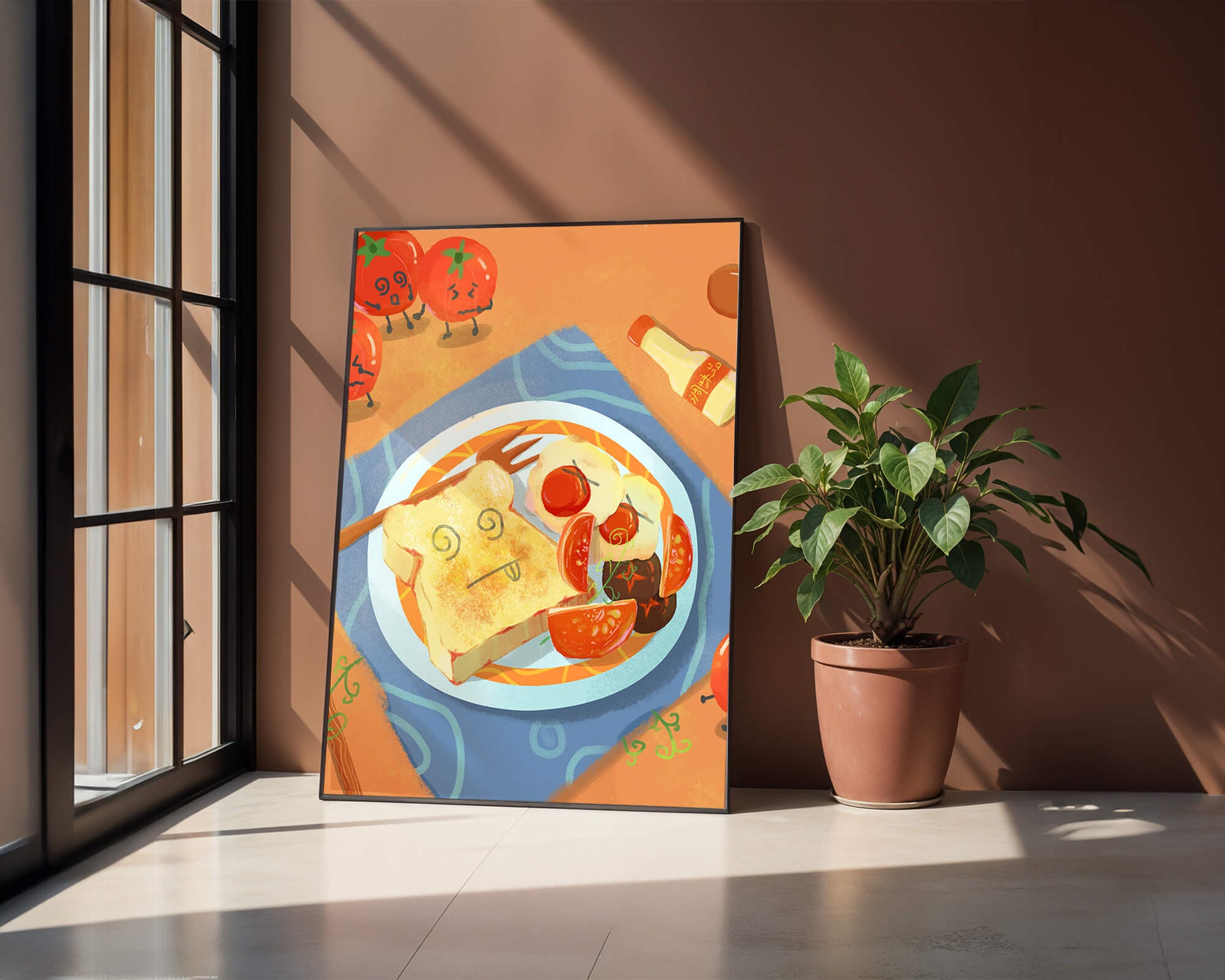 Desayuno caprichoso con tomates animados y tostadas en un plato brillante